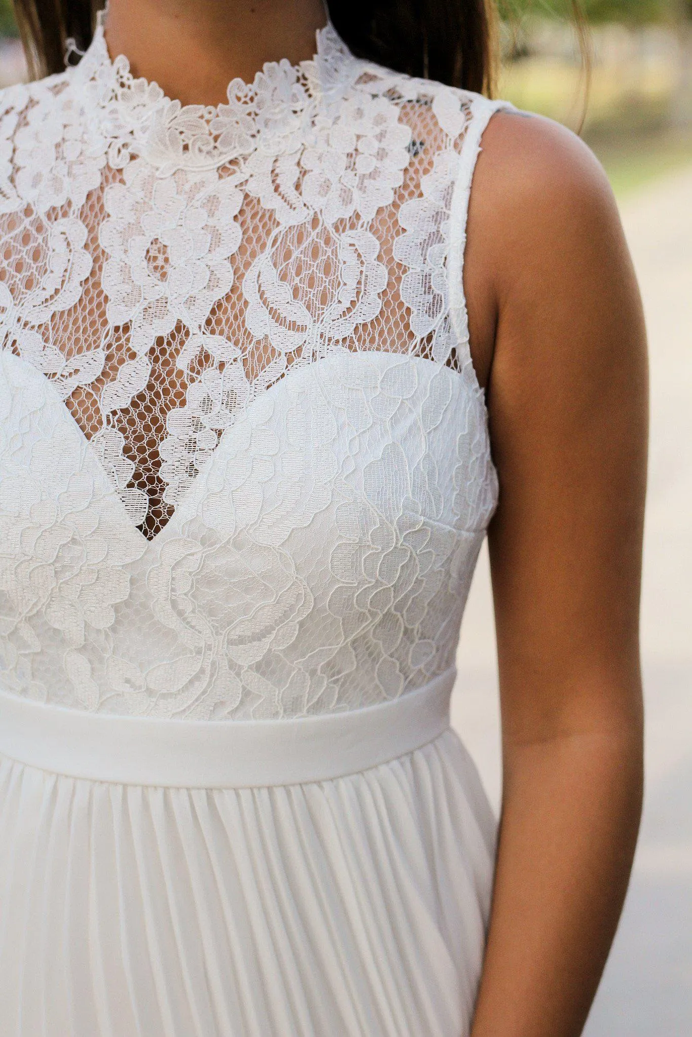 White Lace Maxi Dress with Pleated Bottom