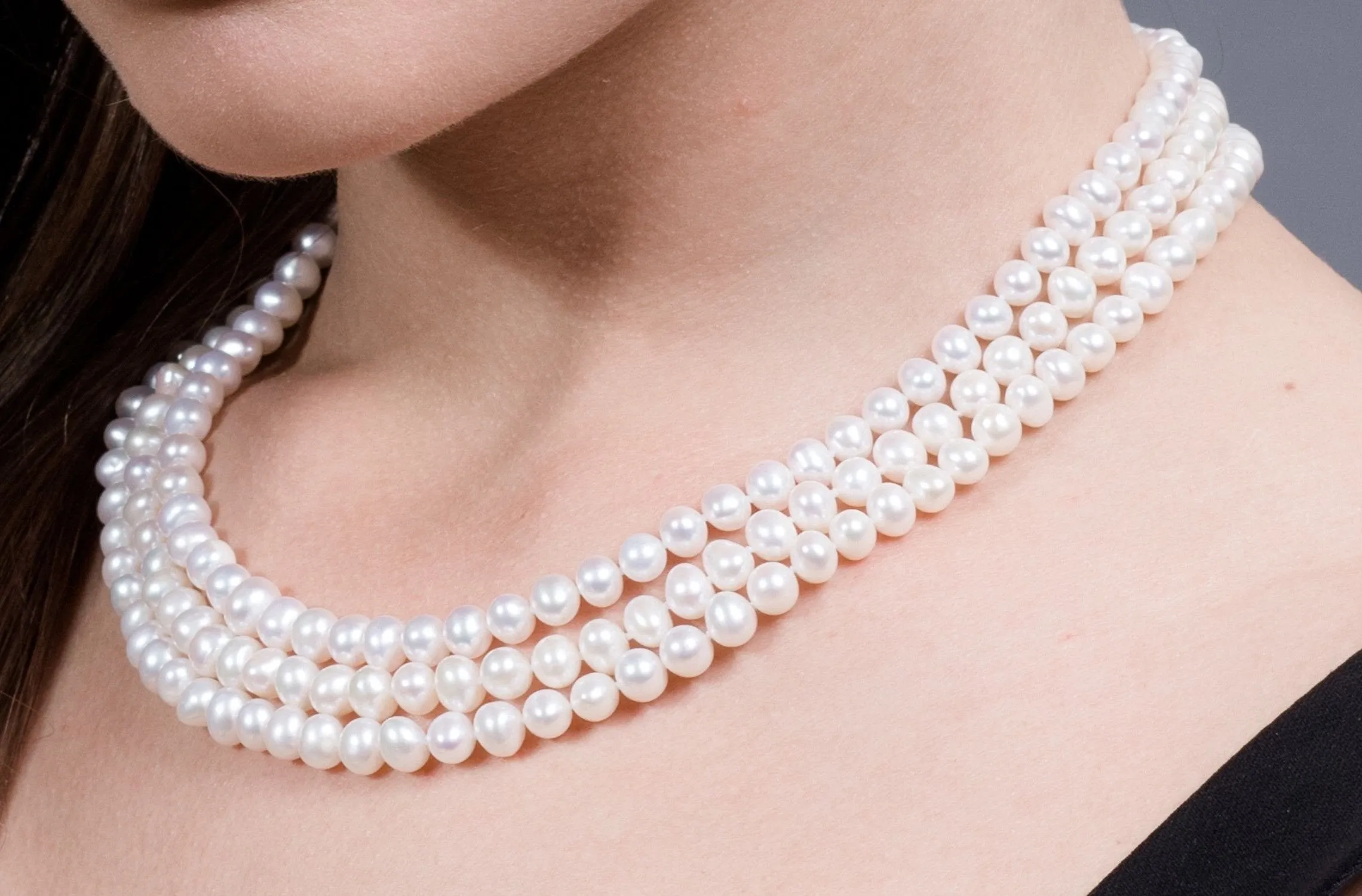 White Triple Strand Layer Freshwater Pearl Necklace 6-7mm