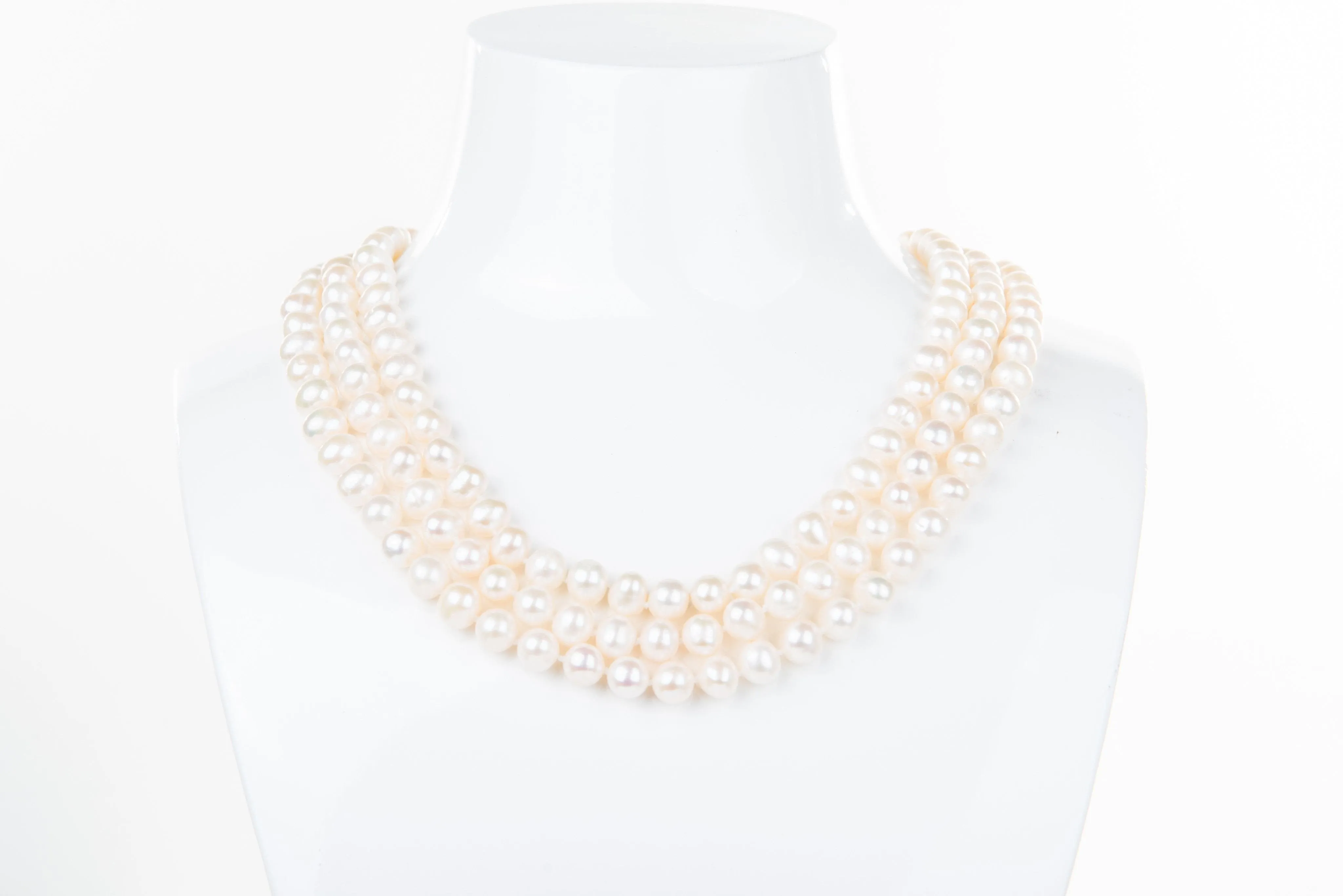 White Triple Strand Layer Freshwater Pearl Necklace 8-9mm