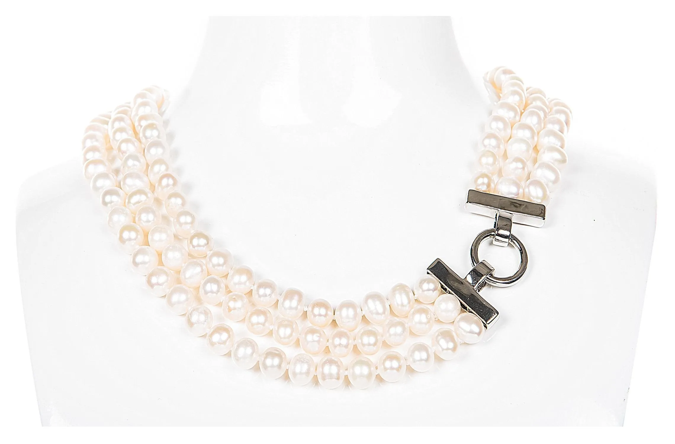 White Triple Strand Layer Freshwater Pearl Necklace 8-9mm