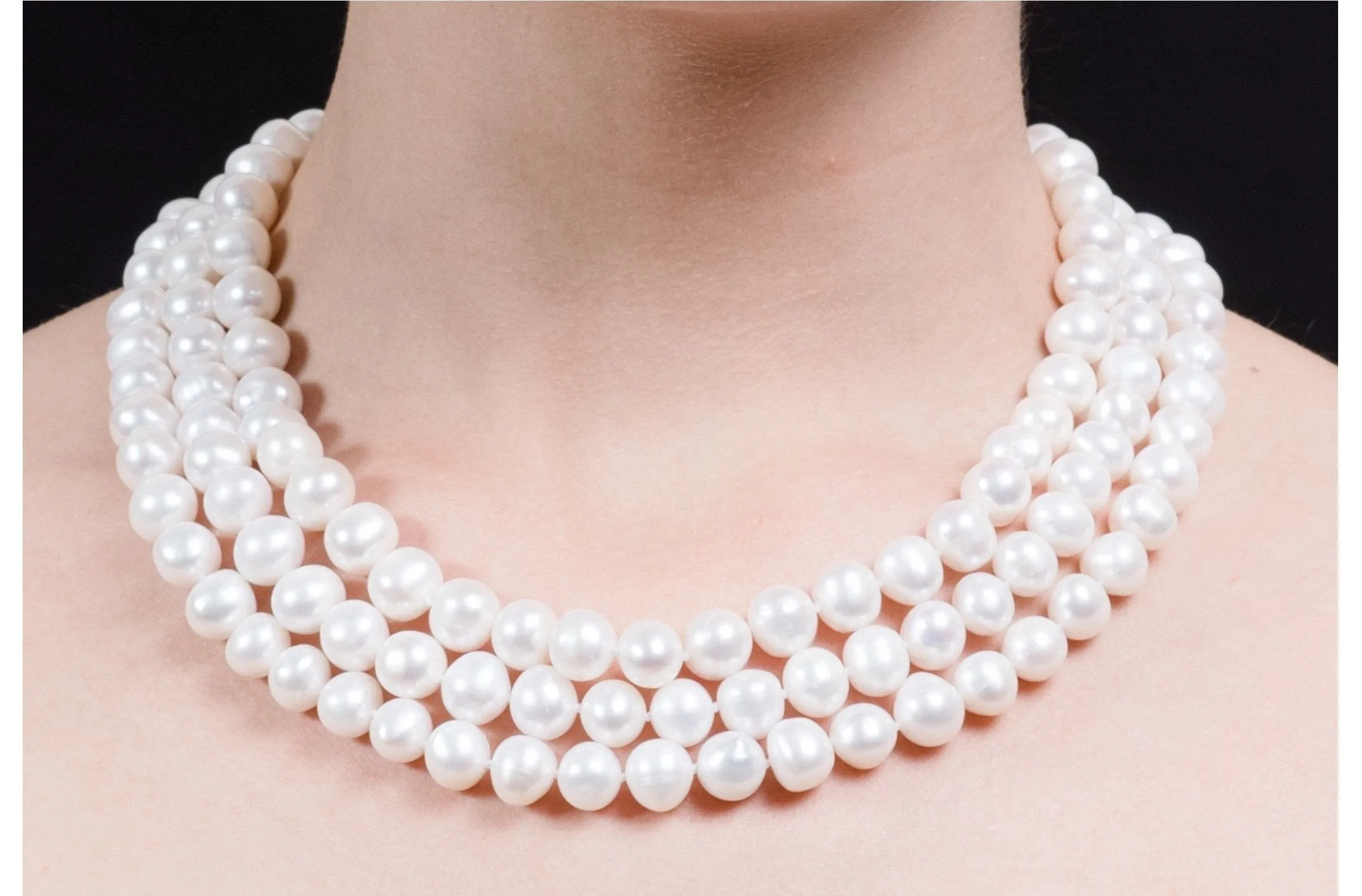 White Triple Strand Layer Freshwater Pearl Necklace 8-9mm