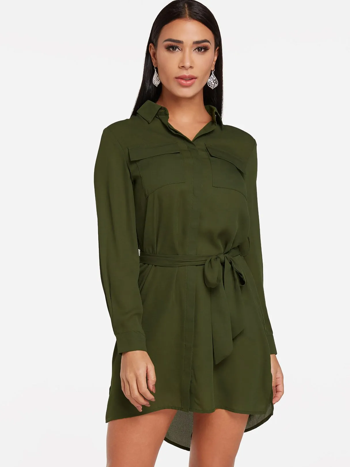 Wholesale Green V-Neck Long Sleeve Self-Tie Slit Hem Shirt Dress