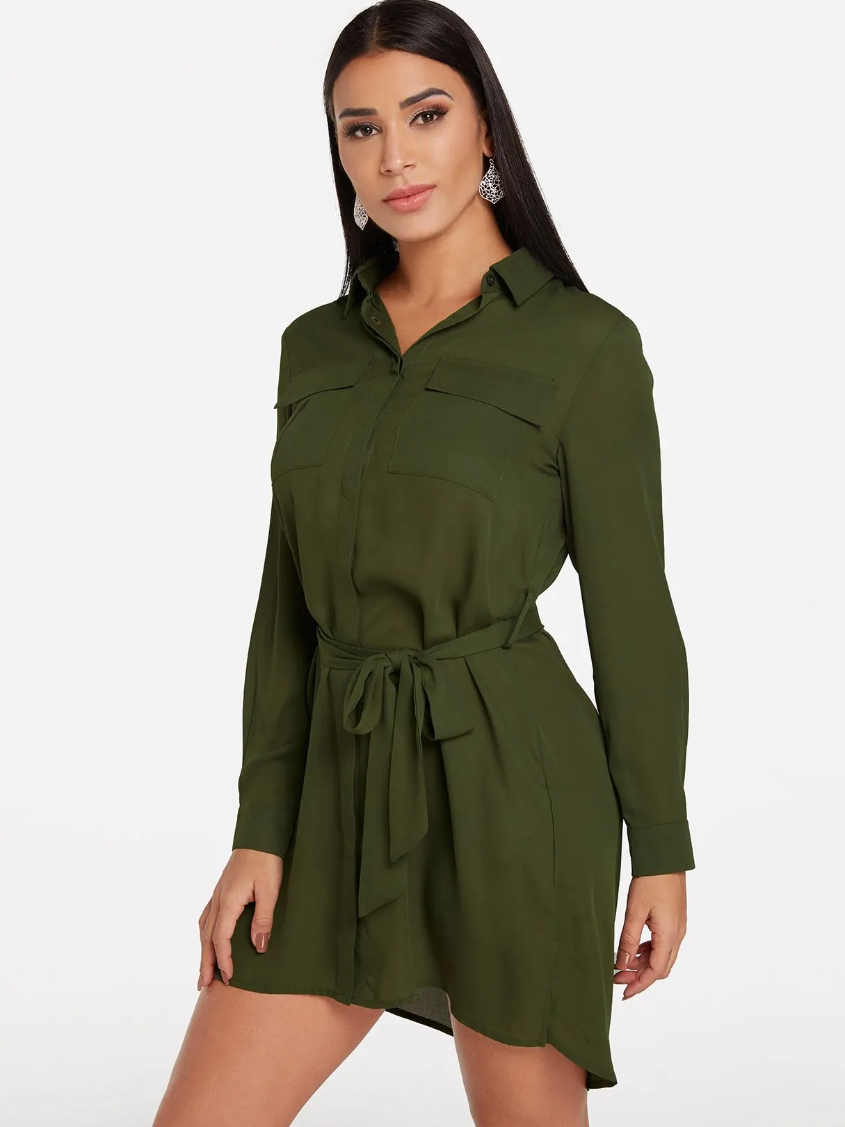 Wholesale Green V-Neck Long Sleeve Self-Tie Slit Hem Shirt Dress