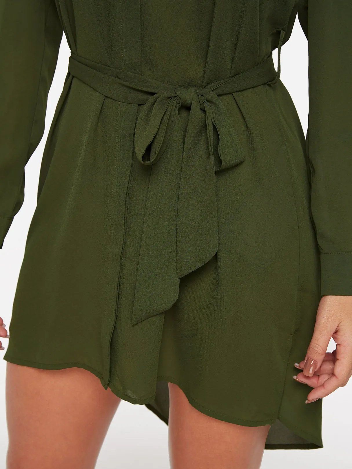 Wholesale Green V-Neck Long Sleeve Self-Tie Slit Hem Shirt Dress