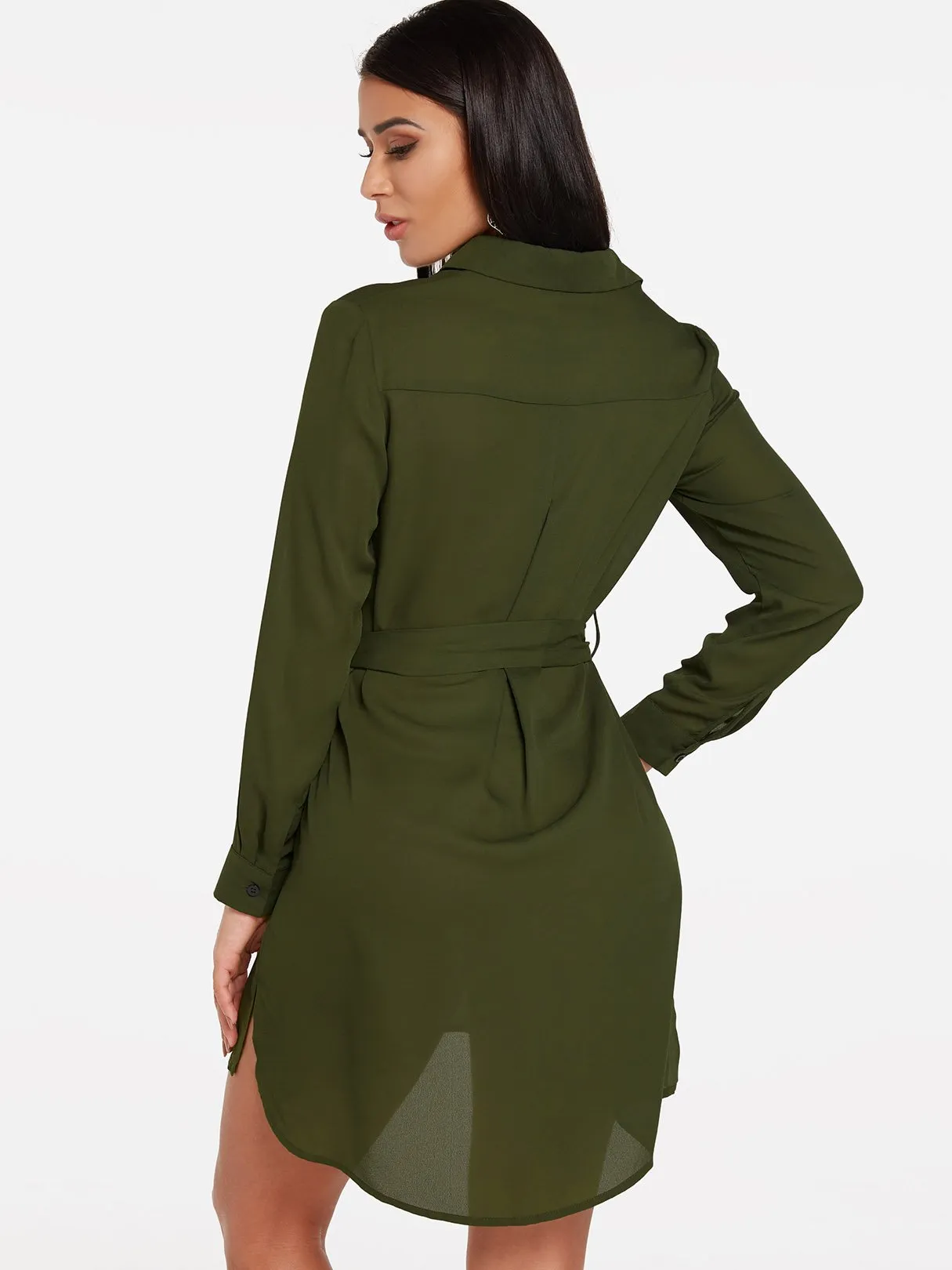 Wholesale Green V-Neck Long Sleeve Self-Tie Slit Hem Shirt Dress