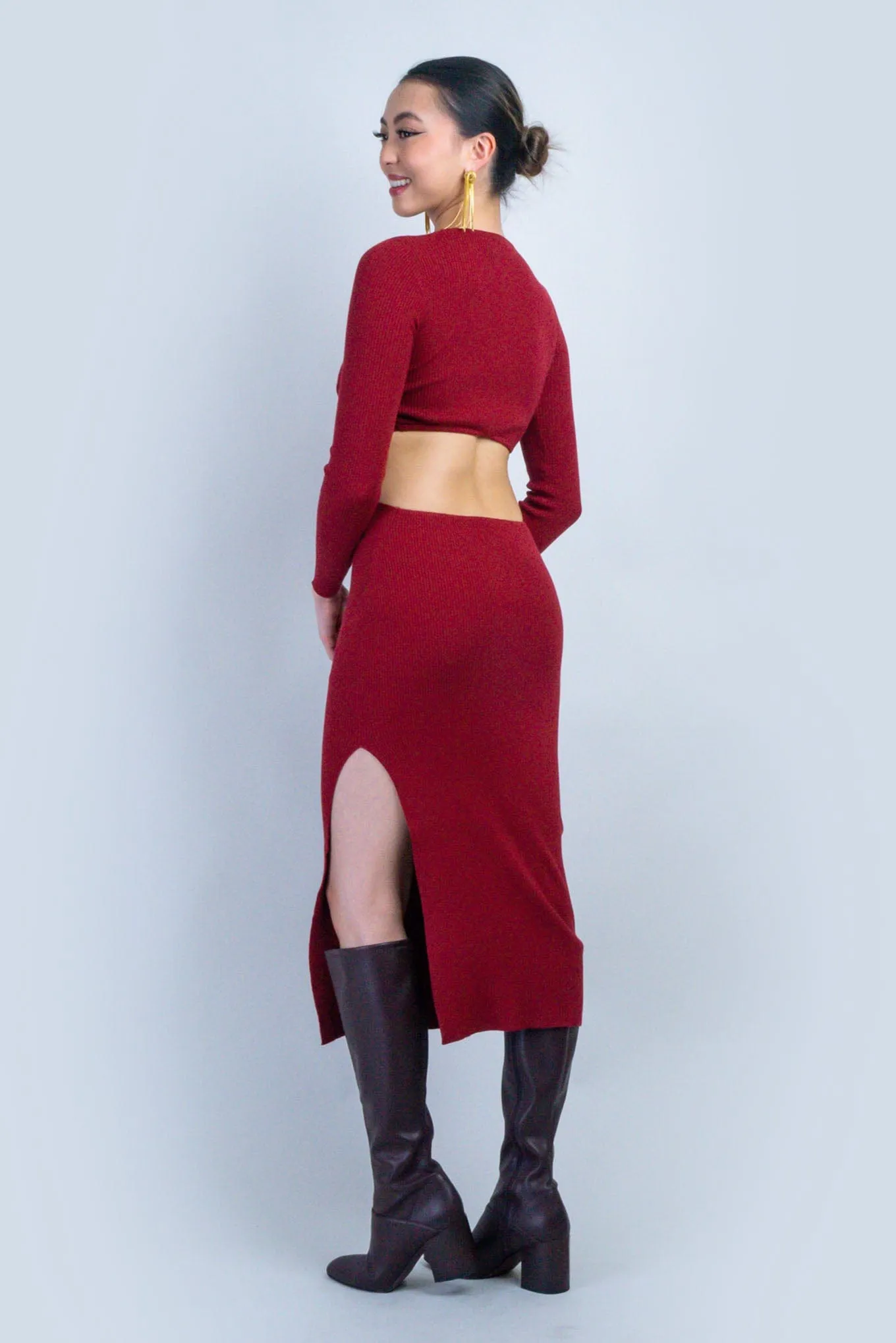 Wine Cut Out Midi Sweater Dress