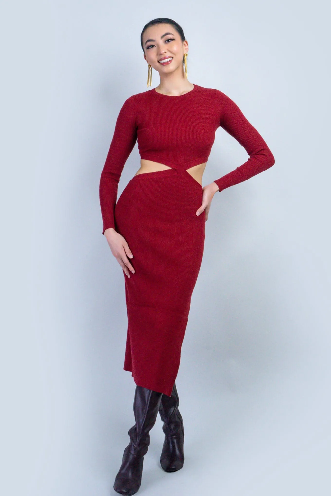 Wine Cut Out Midi Sweater Dress