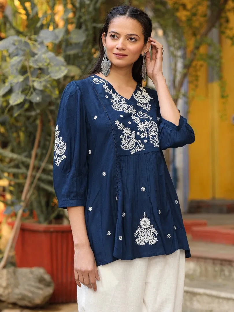 Women Navy Blue Rayon Embroidered Tunic