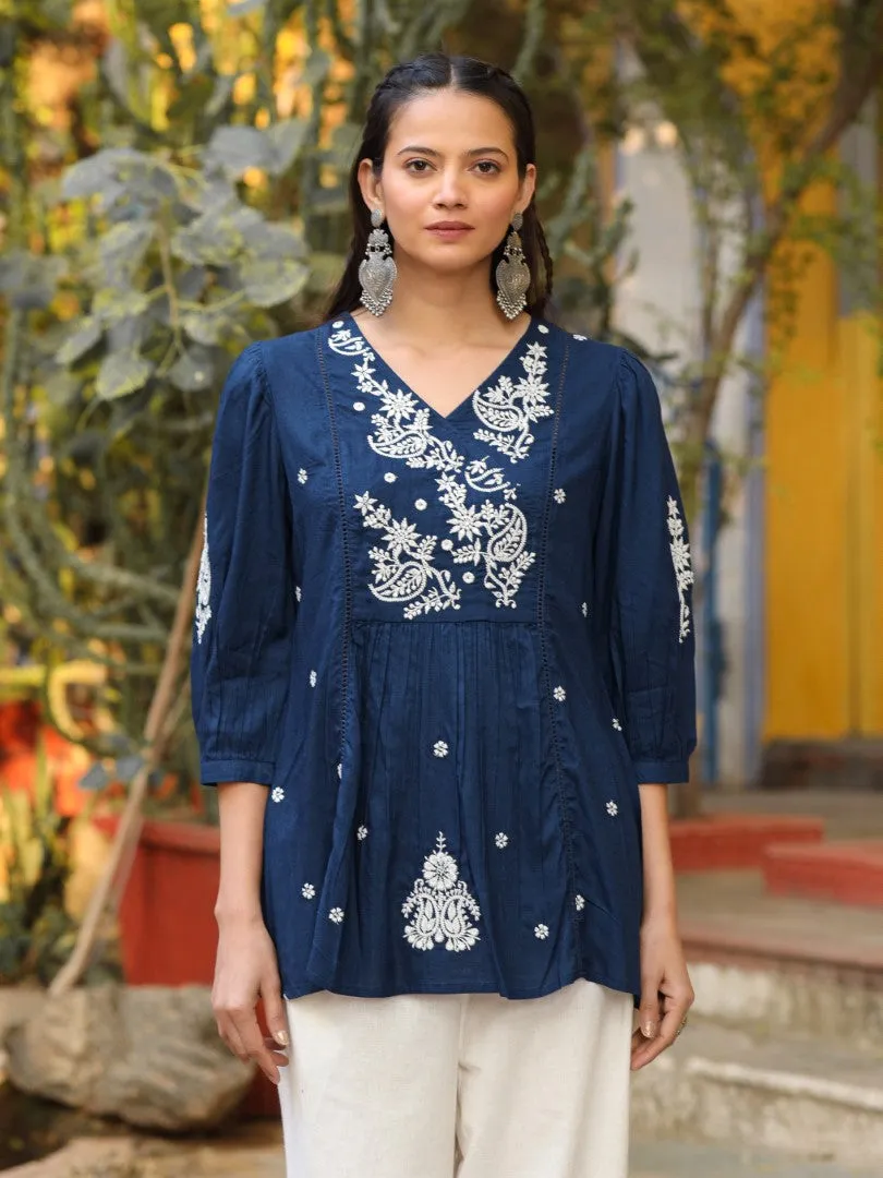 Women Navy Blue Rayon Embroidered Tunic