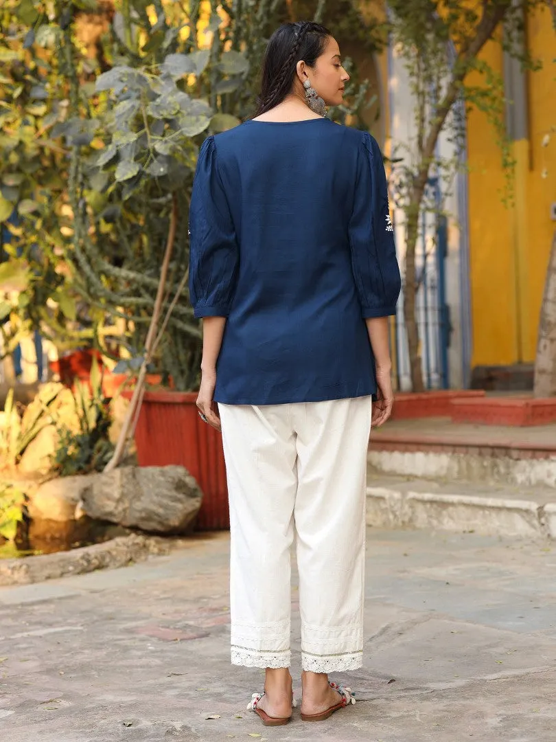 Women Navy Blue Rayon Embroidered Tunic