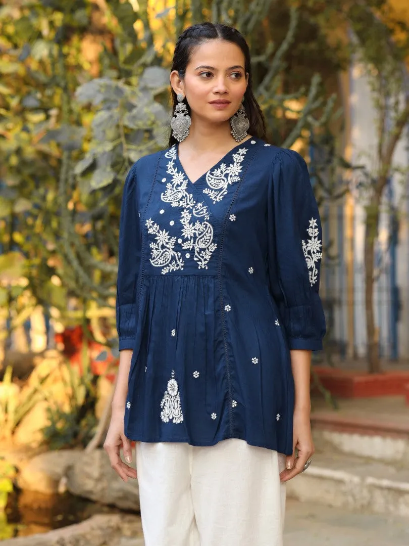 Women Navy Blue Rayon Embroidered Tunic