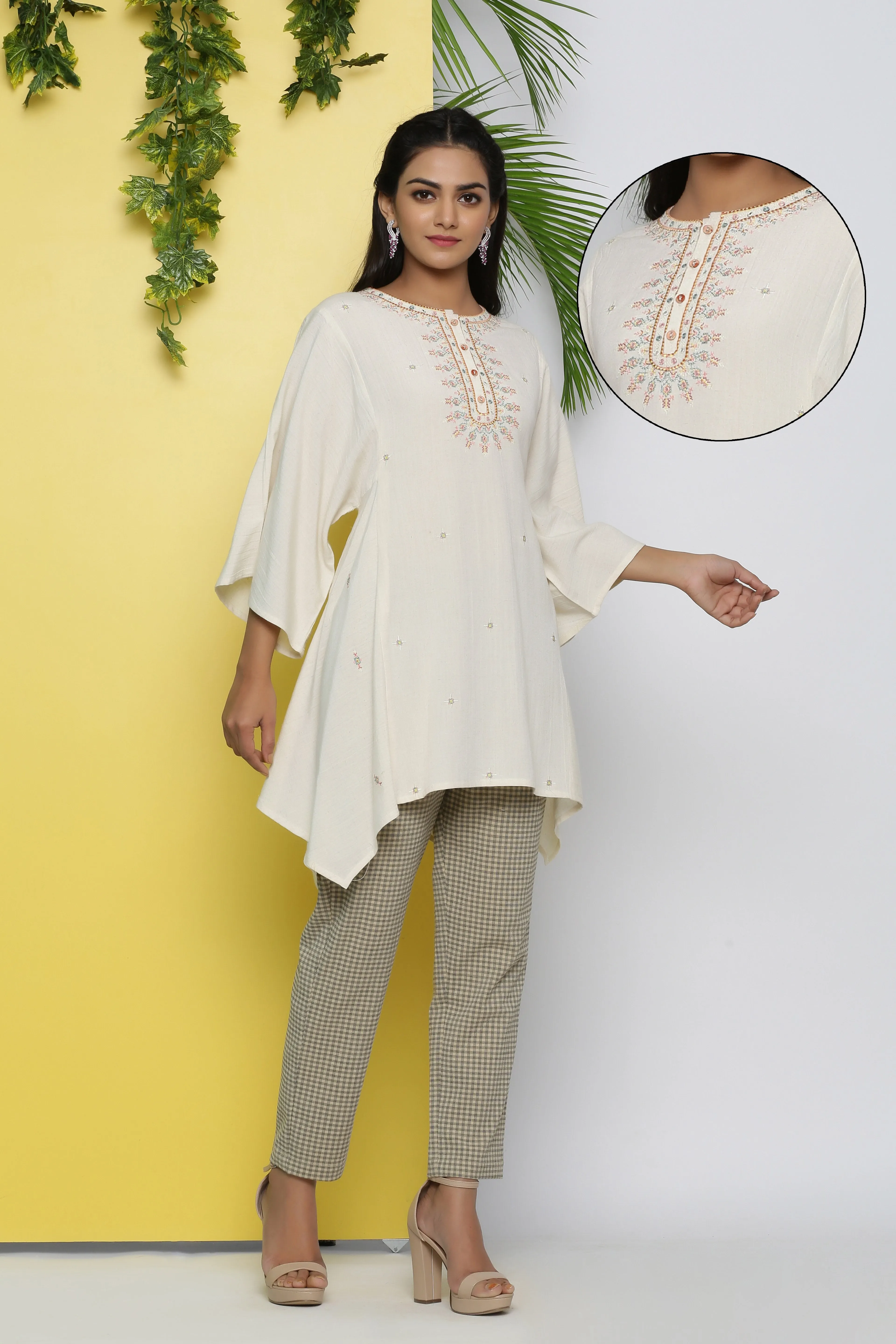 Women Off White Rayon Flex Embroidered Tunic