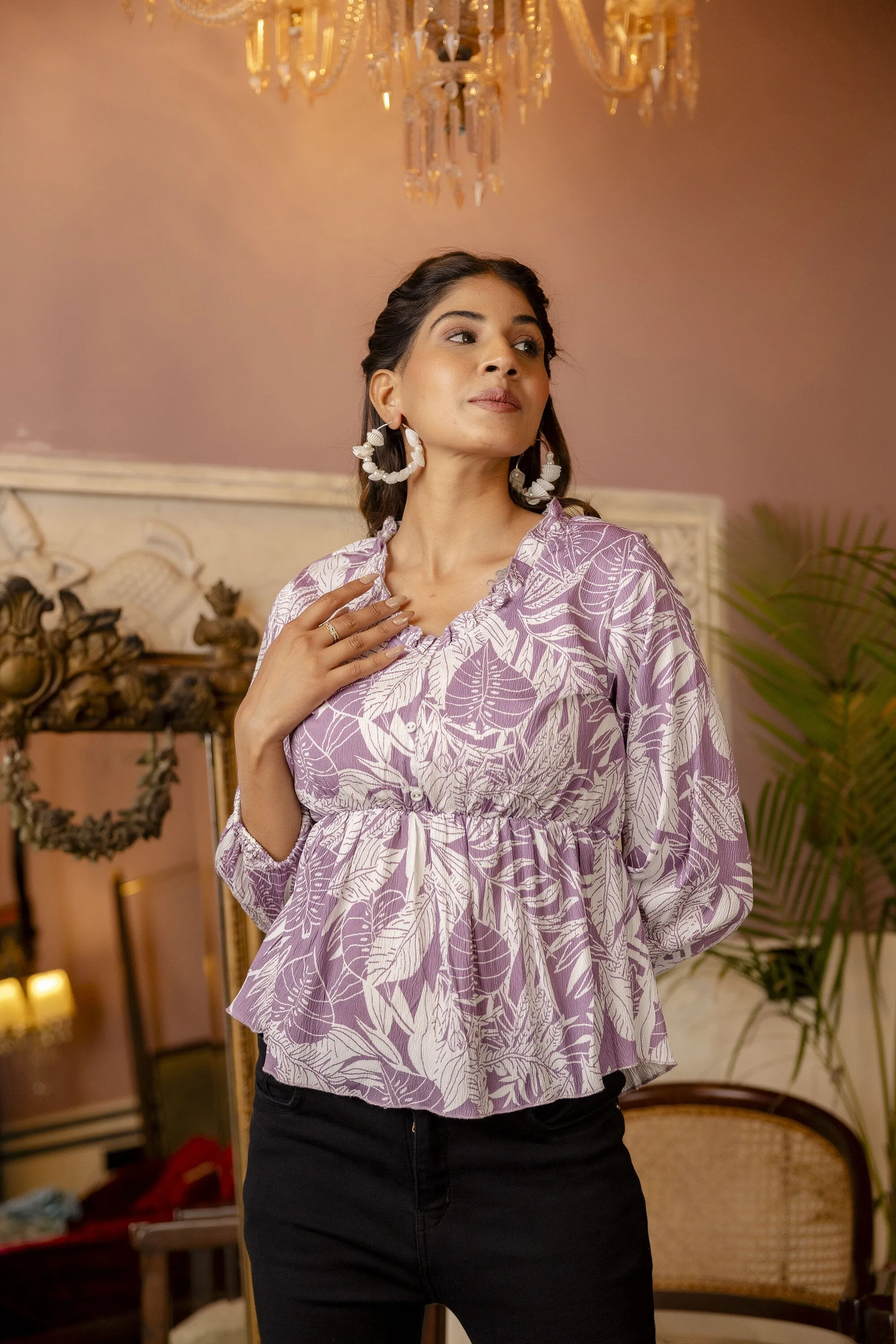 Women Purple Printed V-Neck Peplum Tunic