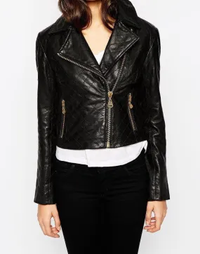 Women Real Lambskin Leather Biker Jacket KW077