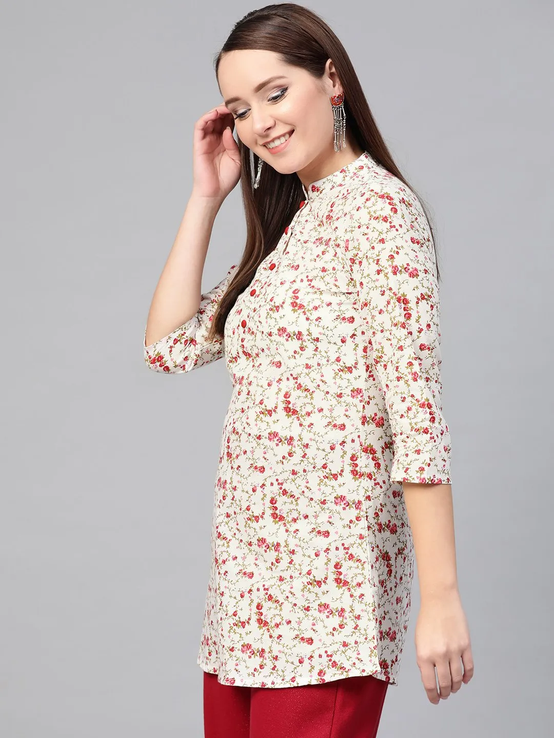 Women White & Pink Cotton Printed Mandarin Collar Tunic