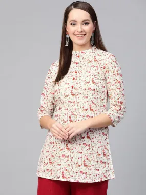 Women White & Pink Cotton Printed Mandarin Collar Tunic