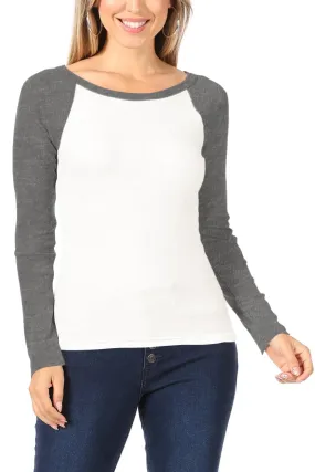 Women's Casual Ribbed Long Sleeve Round Neck Raglan T-Shirt