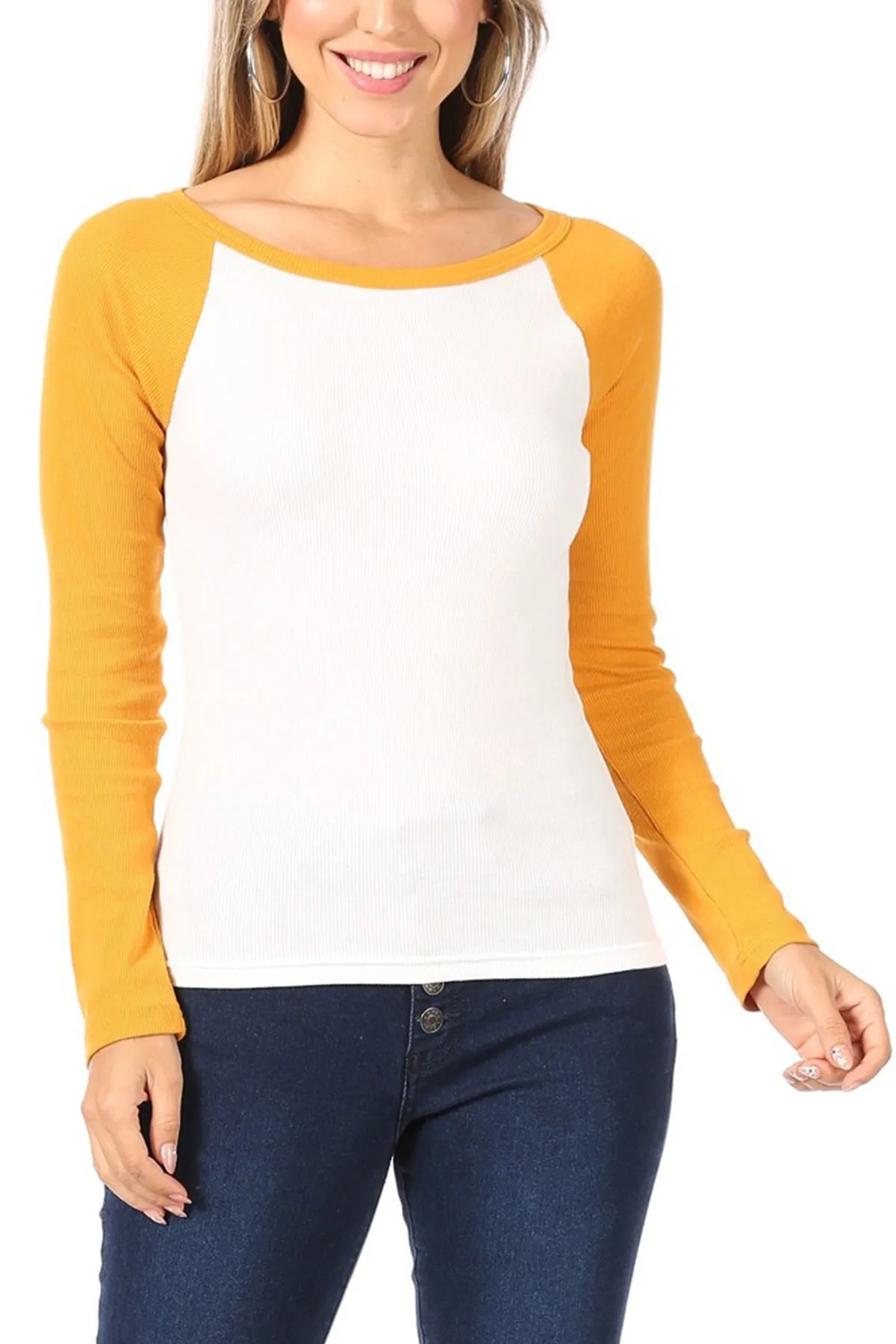 Women's Casual Ribbed Long Sleeve Round Neck Raglan T-Shirt