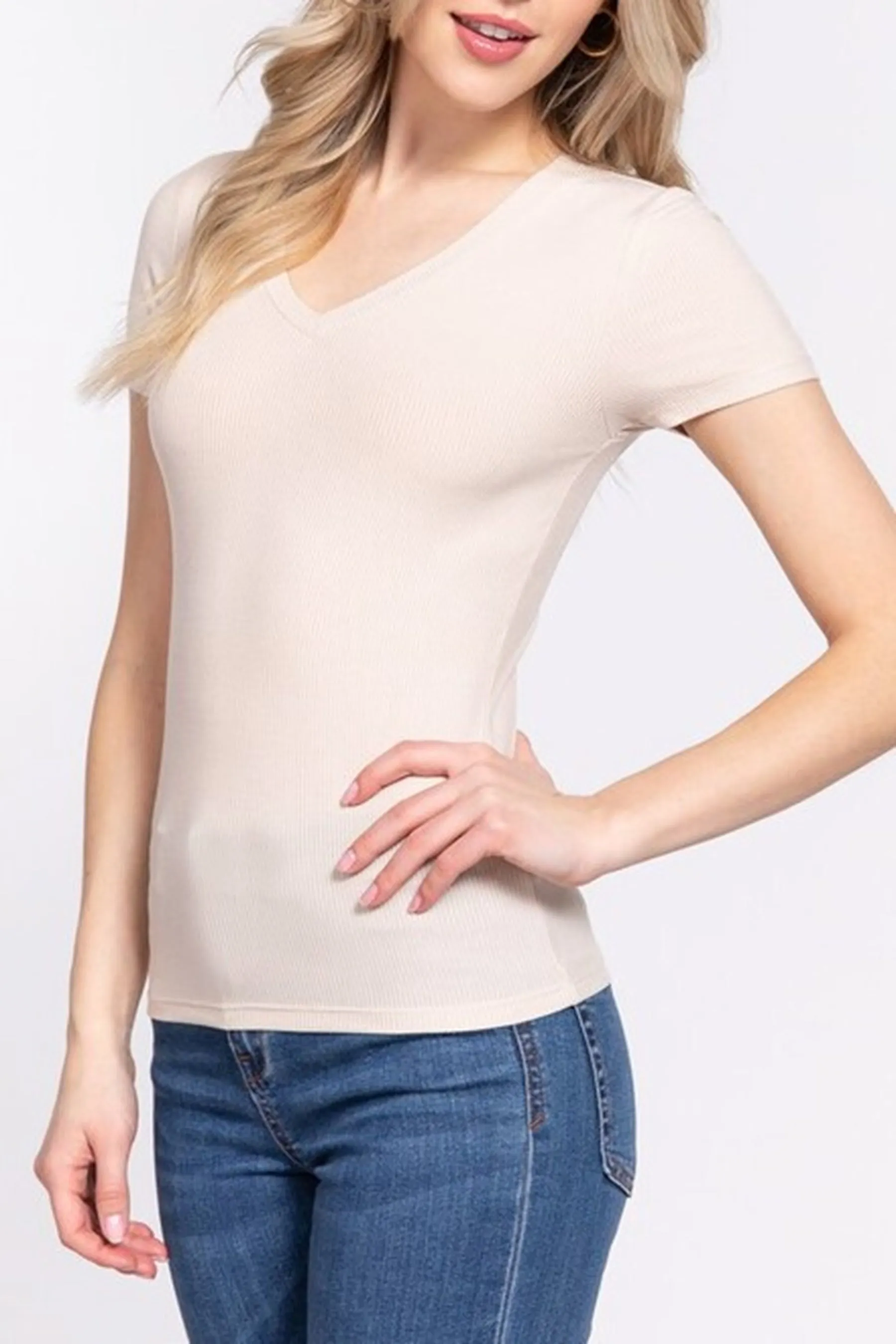 Women's Casual  Short Sleeve V Neck Ribbed Knit Tops