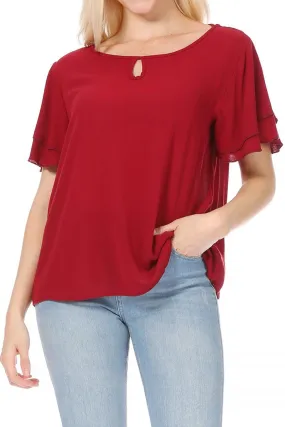 Women's Casual Solid Flowy Short Flutter Sleeve Round Neck Key Hole Tee Blouse Top