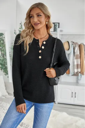 Women's Crew Neck Drop Shoulder Buttoned Waffle Knit Sweater