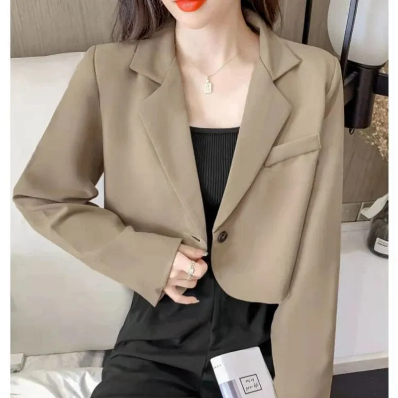 Women's Cropped Blazer – Solid Color Single-Button Long Sleeve Office Suit Jacket