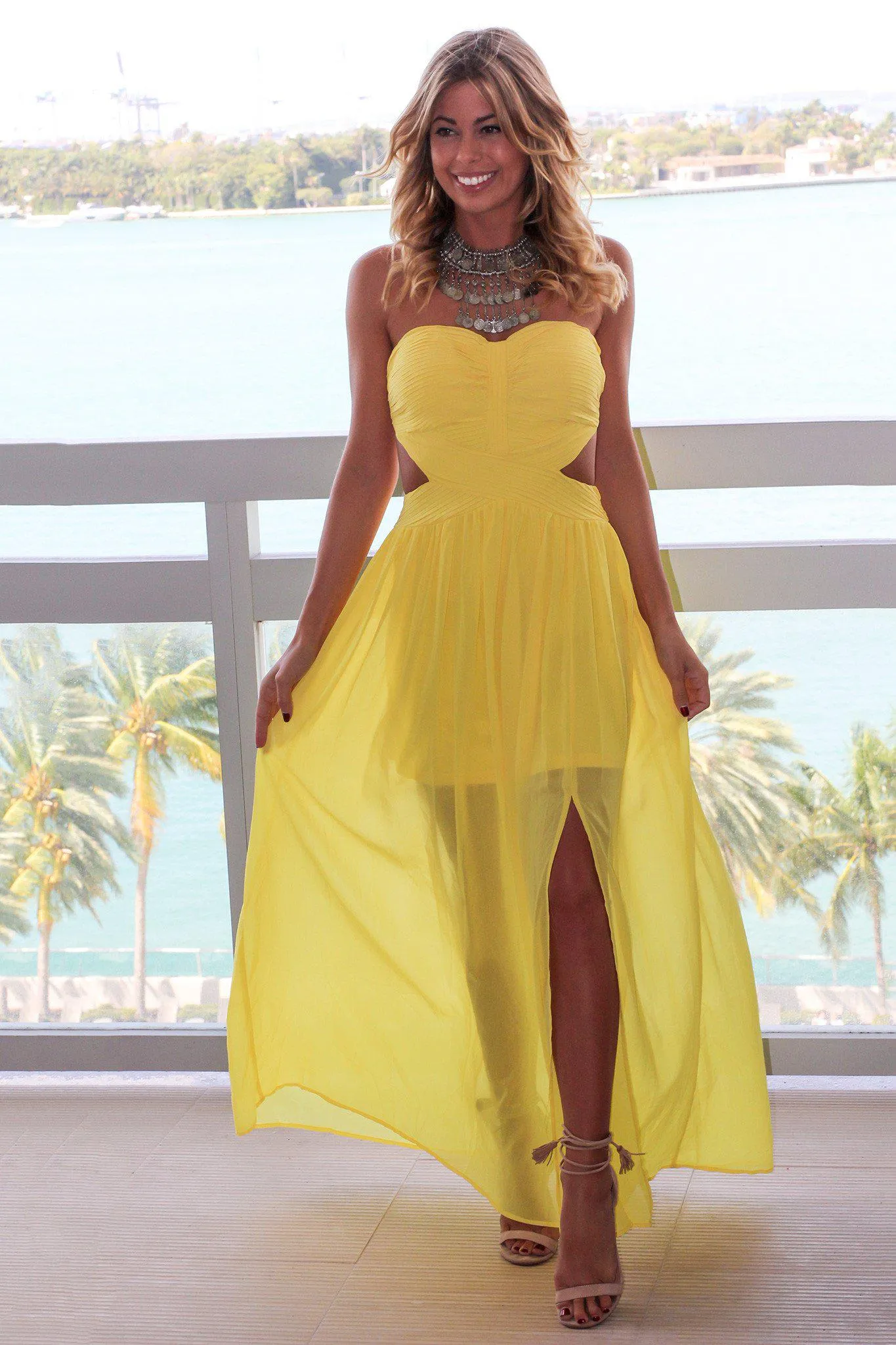 Yellow Pleated Strapless Maxi Dress